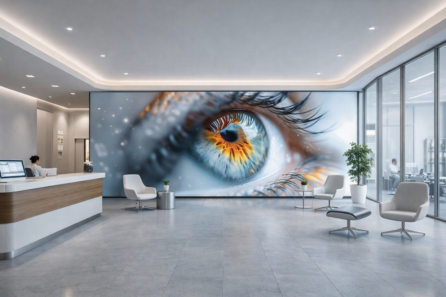 Bright modern ophthalmic reception with a large-format eye artwork